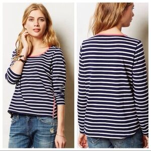 ANTHROPOLOGIE Lili's Closet Top Stripe Navy White Pink piping Zipper Hi-Lo S
